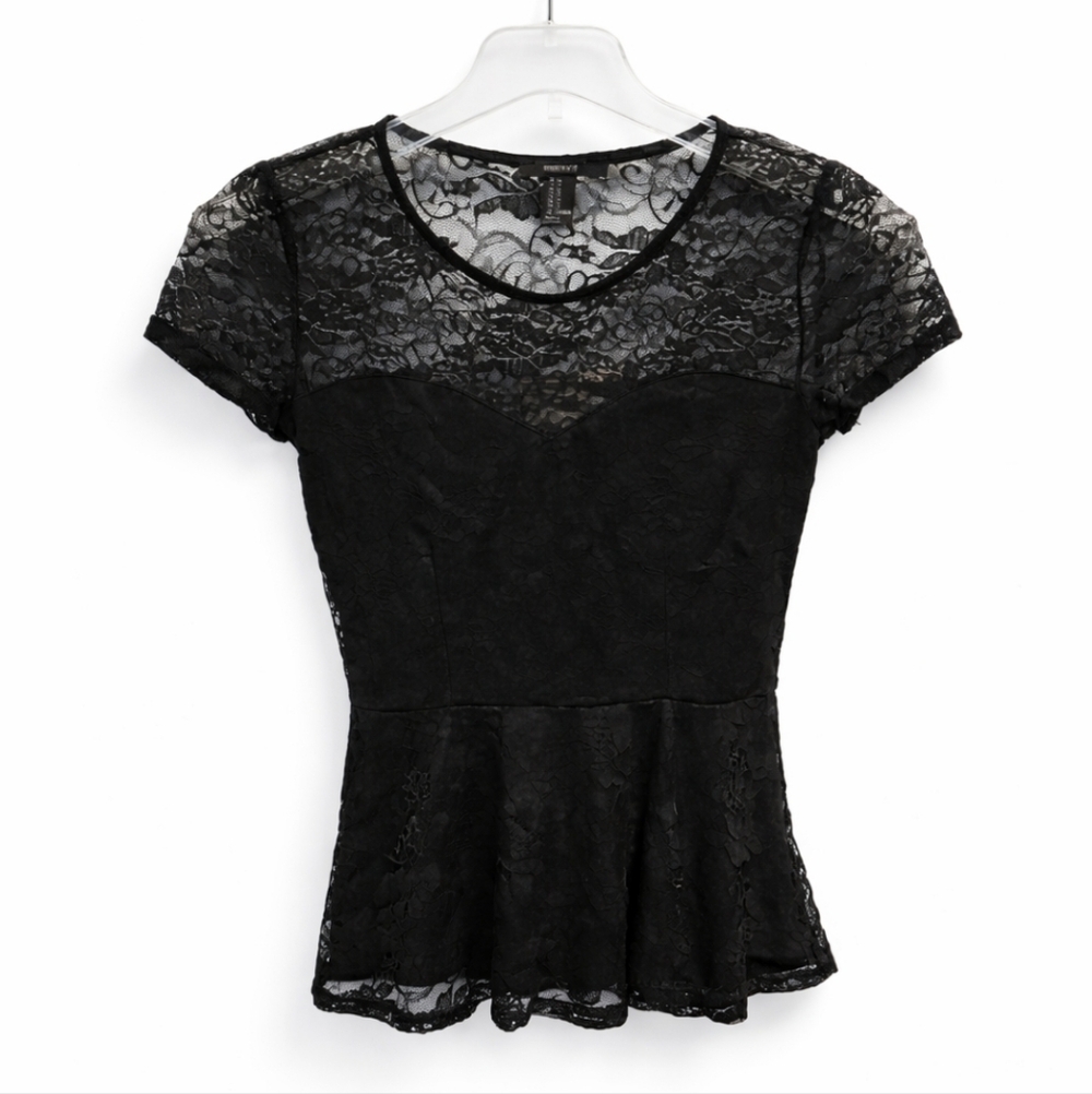 Forever 21 Black Lace Peplum Sweetheart Bodice Blouse Sz Med